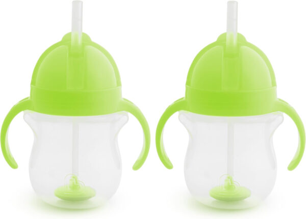 Munchkin Any Angle Sippy Cups for Toddlers, Spill Proof Weighted Straw Cup with Transition Handles for Babies 6 Months and Up, 2 Pack, Blue/Green