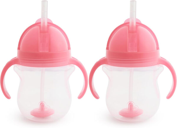 Munchkin Any Angle Sippy Cups for Toddlers, Spill Proof Weighted Straw Cup with Transition Handles for Babies 6 Months and Up, 2 Pack, Blue/Green