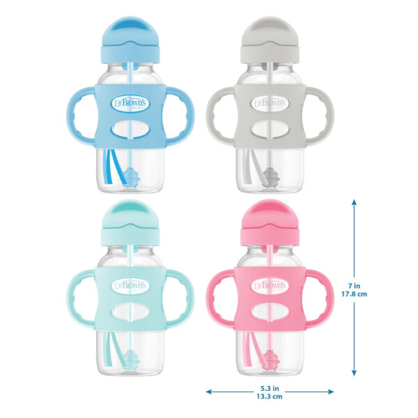 Dr. Brown's Milestones Wide-Neck Sippy Straw Bottle with 100% Silicone Handles and Weighted Straw, 9 oz/270 mL, Gray & Pink, 6m+, 2 Count (Pack of 1)