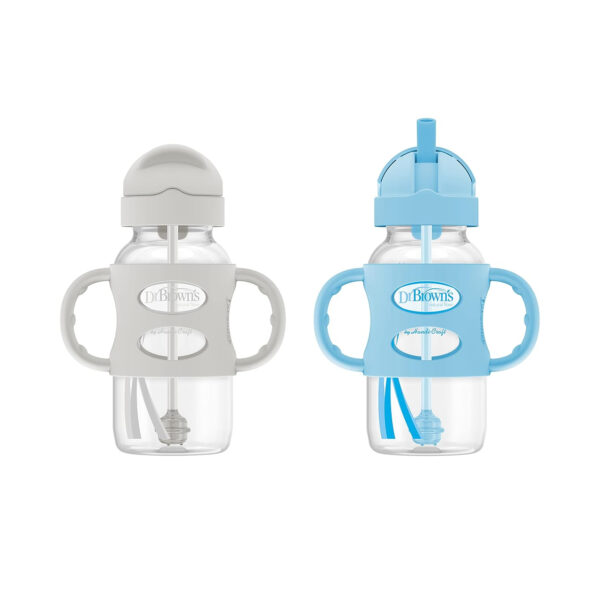 Dr. Brown's Milestones Wide-Neck Sippy Straw Bottle with 100% Silicone Handles and Weighted Straw, 9 oz/270 mL, Gray & Pink, 6m+, 2 Count (Pack of 1)