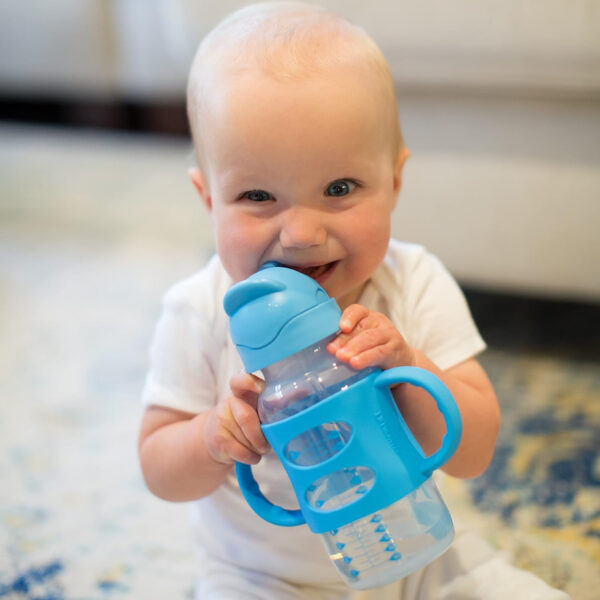 Dr. Brown's Milestones Wide-Neck Sippy Straw Bottle with 100% Silicone Handles and Weighted Straw, 9 oz/270 mL, Gray & Pink, 6m+, 2 Count (Pack of 1)