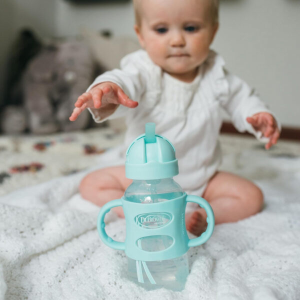 Dr. Brown's Milestones Wide-Neck Sippy Straw Bottle with 100% Silicone Handles and Weighted Straw, 9 oz/270 mL, Gray & Pink, 6m+, 2 Count (Pack of 1)