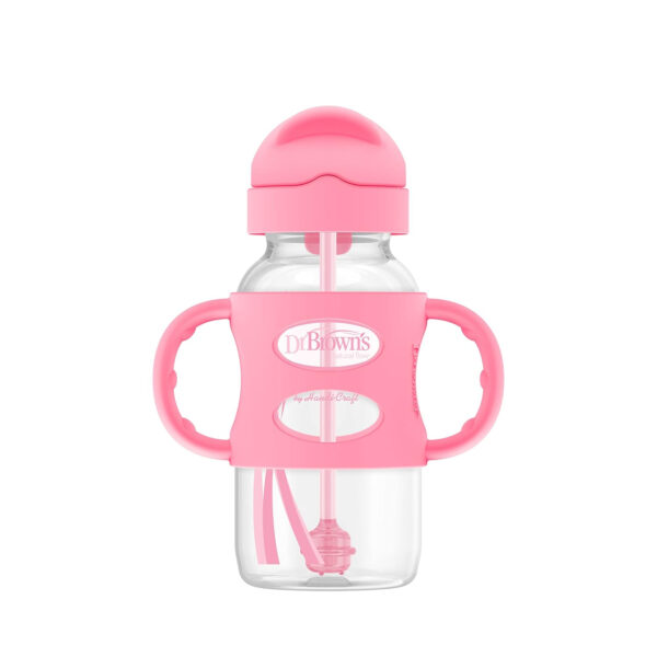 Dr. Brown's Milestones Wide-Neck Sippy Straw Bottle with 100% Silicone Handles and Weighted Straw, 9 oz/270 mL, Gray & Pink, 6m+, 2 Count (Pack of 1)
