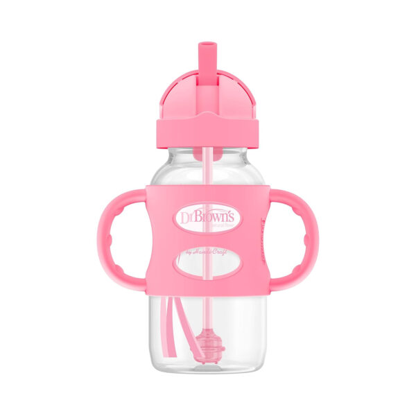 Dr. Brown's Milestones Wide-Neck Sippy Straw Bottle with 100% Silicone Handles and Weighted Straw, 9 oz/270 mL, Gray & Pink, 6m+, 2 Count (Pack of 1)
