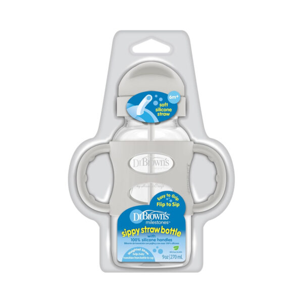 Dr. Brown's Milestones Wide-Neck Sippy Straw Bottle with 100% Silicone Handles and Weighted Straw, 9 oz/270 mL, Gray & Pink, 6m+, 2 Count (Pack of 1)