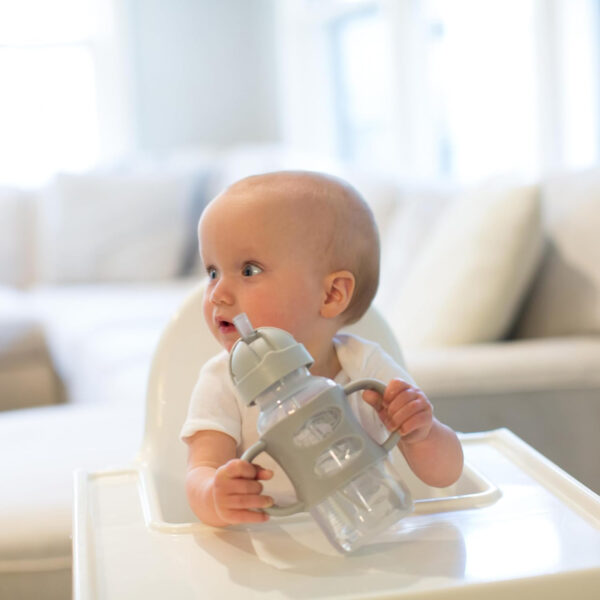 Dr. Brown's Milestones Wide-Neck Sippy Straw Bottle with 100% Silicone Handles and Weighted Straw, 9 oz/270 mL, Gray & Pink, 6m+, 2 Count (Pack of 1)