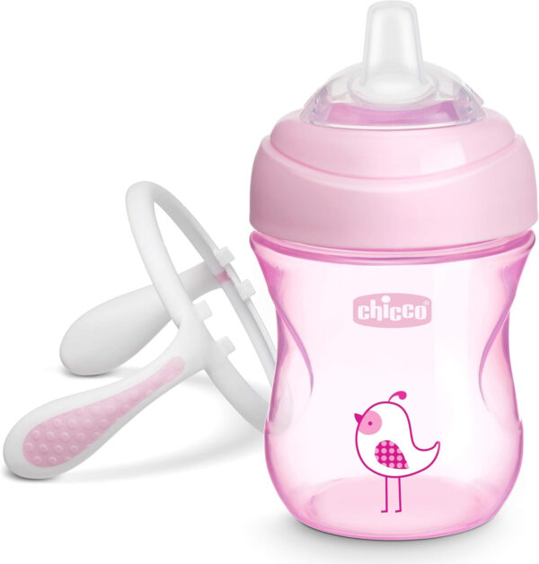 Chicco Transition Sippy Cup with Silicone Spout and Spill-Free Lid 7oz.| Calibration Markings | Removable Handles | Top-Rack Dishwasher Safe | Easy to Hold with Ergonomic Indents | Pink| 4+ months