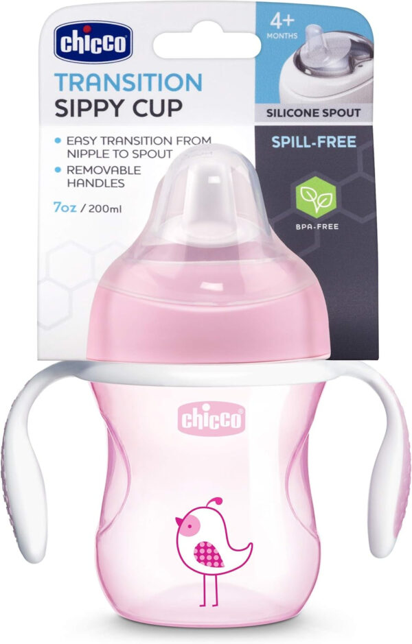 Chicco Transition Sippy Cup with Silicone Spout and Spill-Free Lid 7oz.| Calibration Markings | Removable Handles | Top-Rack Dishwasher Safe | Easy to Hold with Ergonomic Indents | Pink| 4+ months