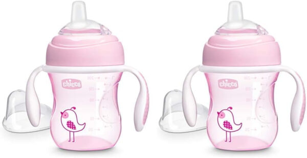 Chicco Transition Sippy Cup with Silicone Spout and Spill-Free Lid 7oz.| Calibration Markings | Removable Handles | Top-Rack Dishwasher Safe | Easy to Hold with Ergonomic Indents | Pink| 4+ months
