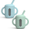 Seposeve 2 Pack Silicone Sippy Cups, Leak-Proof Baby Straw Cup for 6-12 Months, Spill Proof Toddler Cup with Straw 1-3 Years, with Capacity Marking, Non-slip Handle, Flow Control, 6 oz, Green Blue