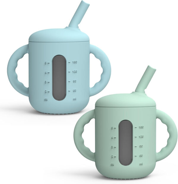 Seposeve 2 Pack Silicone Sippy Cups, Leak-Proof Baby Straw Cup for 6-12 Months, Spill Proof Toddler Cup with Straw 1-3 Years, with Capacity Marking, Non-slip Handle, Flow Control, 6 oz, Green Blue
