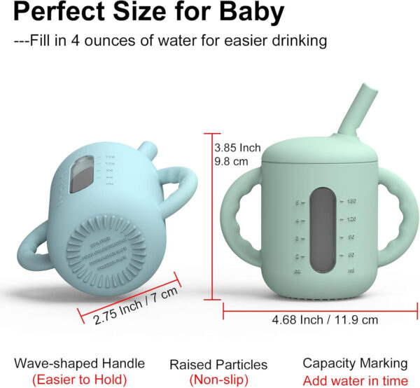 Seposeve 2 Pack Silicone Sippy Cups, Leak-Proof Baby Straw Cup for 6-12 Months, Spill Proof Toddler Cup with Straw 1-3 Years, with Capacity Marking, Non-slip Handle, Flow Control, 6 oz, Green Blue