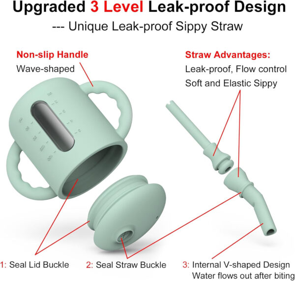 Seposeve 2 Pack Silicone Sippy Cups, Leak-Proof Baby Straw Cup for 6-12 Months, Spill Proof Toddler Cup with Straw 1-3 Years, with Capacity Marking, Non-slip Handle, Flow Control, 6 oz, Green Blue