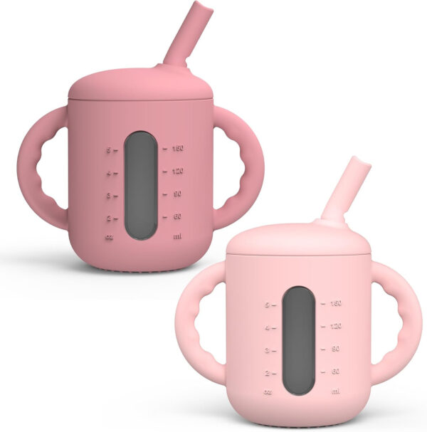 Seposeve 2 Pack Silicone Sippy Cups, Leak-Proof Baby Straw Cup for 6-12 Months, Spill Proof Toddler Cup with Straw 1-3 Years, with Capacity Marking, Non-slip Handle, Flow Control, 6 oz, Green Blue