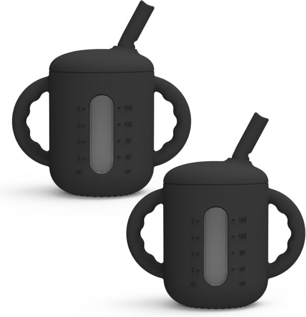 Seposeve 2 Pack Silicone Sippy Cups, Leak-Proof Baby Straw Cup for 6-12 Months, Spill Proof Toddler Cup with Straw 1-3 Years, with Capacity Marking, Non-slip Handle, Flow Control, 6 oz, Green Blue