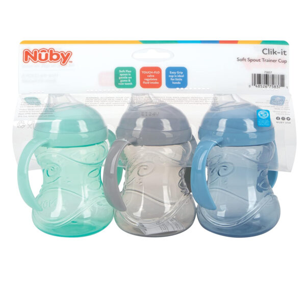 688c312e52bfb3783cd29138953089f33af6ed38bdfe07f10ab3f.jpg Nuby Clik-It Soft Spout No-Spill Training Sippy Cup with Handles - (3-Pack) 10 Oz - 4+ Months - Neutral