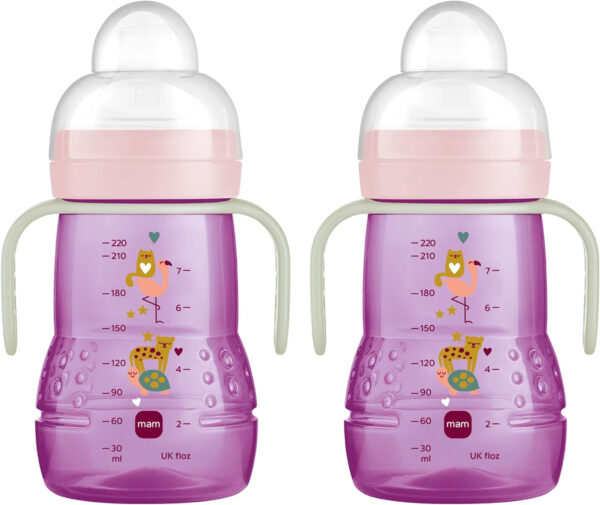 MAM Trainer Sippy Cup for Toddlers 1-3, 8 oz. Transition Drinking Cup with Extra-Soft Spout, Spill-Free Nipple, and Non-Slip Handles, for Girls 4+ Months, 1 Count