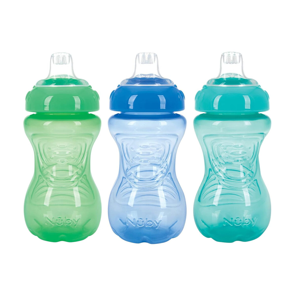 Nuby 3 Pack No Spill Toddler Sippy Cups - Toddler Cups Spill Proof with Easy and Firm Grip - Blue, Aqua, Green