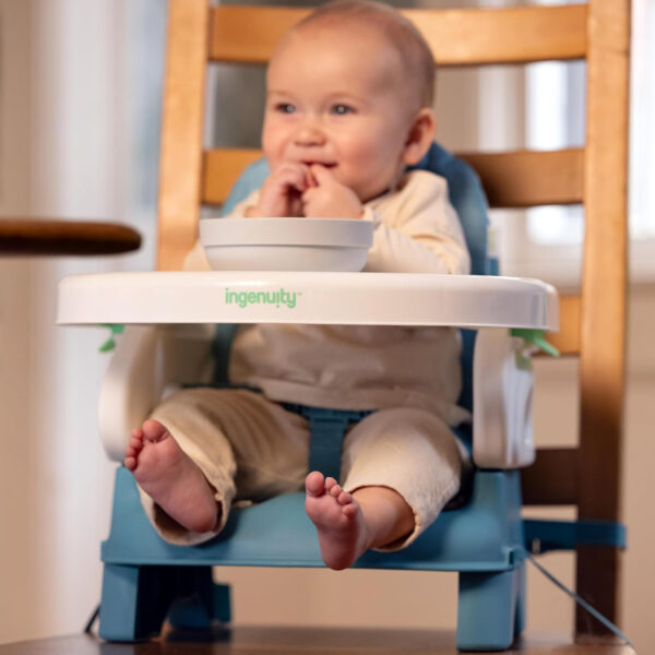 Ingenuity by Summer Unisex Deluxe Comfort Folding Booster Seat with Feeding Tray, Chair Straps Secure Booster, and Removable Seat Pad, Grey