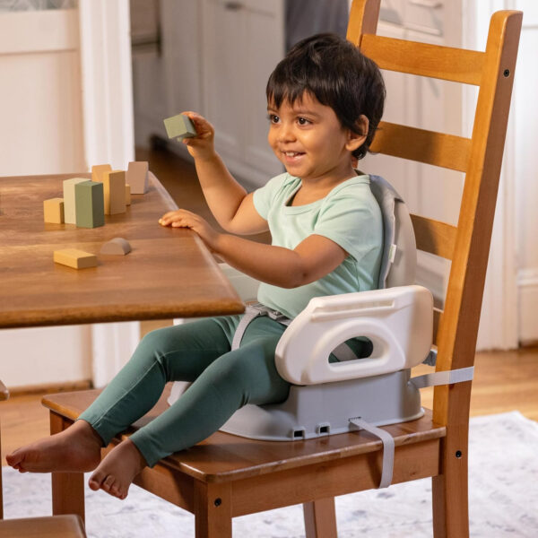 Ingenuity by Summer Unisex Deluxe Comfort Folding Booster Seat with Feeding Tray, Chair Straps Secure Booster, and Removable Seat Pad, Grey