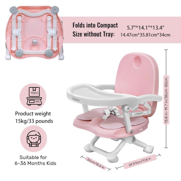 Baby Booster Seat for Dining Table with Removable Tray & Cushion, 3in1 Portable Toddler Booster Seat, 4 Height Adjustable Travel High Chair for Babies and Toddlers