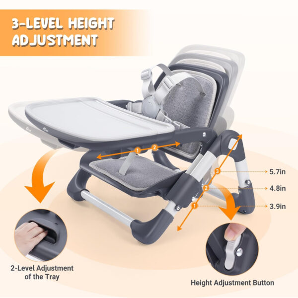 Bear Booster Seat for Kitchen Chairs, Portable High Chair for Babies 6–24 Months, Adjustable 3-Level Foldable Booster with Removable Tray, Ideal for Home, Outdoor, Camping, and Travel