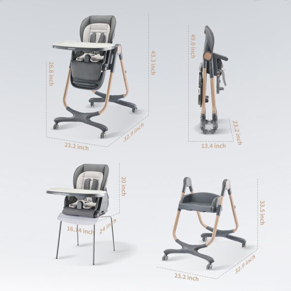 6 in 1 Convertible High Chairs for Babies and Toddlers,Portable High Chair with Dishwasher Tray and 4 Wheel,Booster Seat for Dining Table,Foldable Toddle and Baby Feeding Highchair (Gold-Grey)