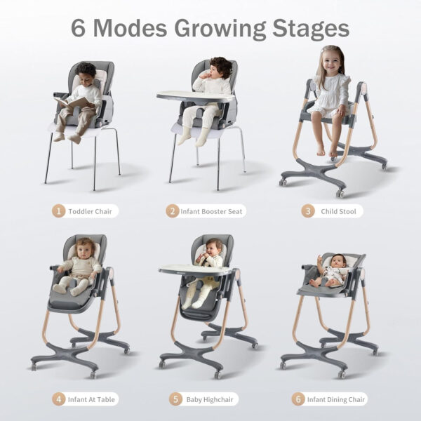 6 in 1 Convertible High Chairs for Babies and Toddlers,Portable High Chair with Dishwasher Tray and 4 Wheel,Booster Seat for Dining Table,Foldable Toddle and Baby Feeding Highchair (Gold-Grey)