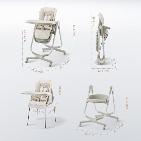 6 in 1 Convertible High Chairs for Babies and Toddlers,Portable High Chair with Dishwasher Tray and 4 Wheel,Booster Seat for Dining Table,Foldable Toddle and Baby Feeding Highchair (Gold-Grey)