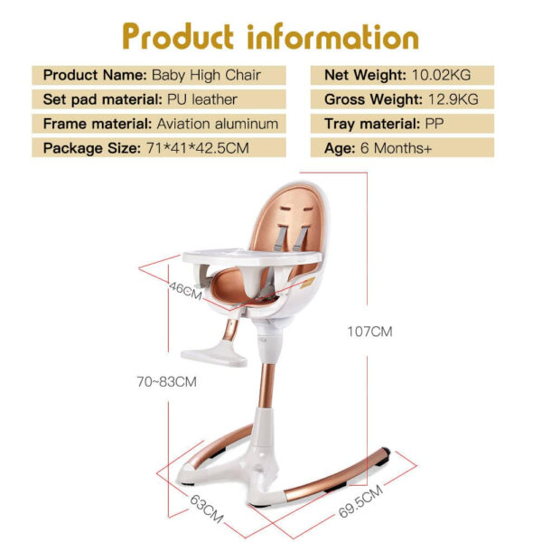 Hot Mom Baby High Chair Adjustable Seat Angle Lift Height Double Tray Luxury Baby Eating Chair,Lifetime Availability,White Gold