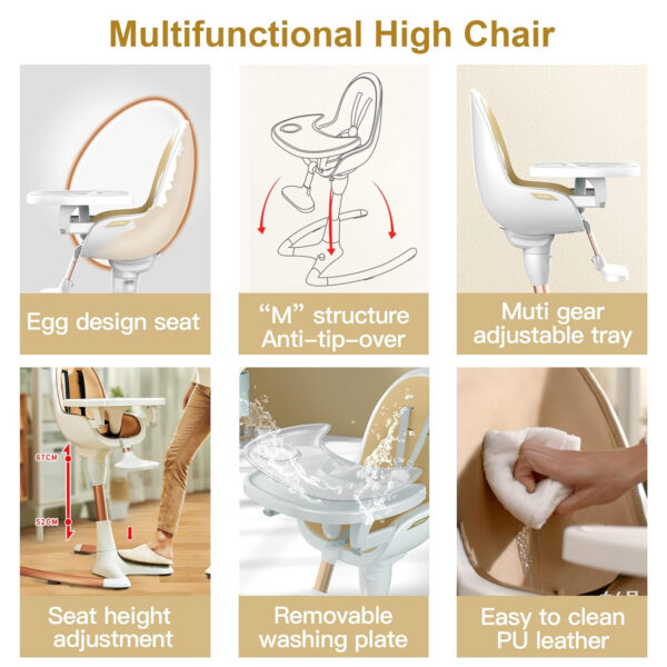 Hot Mom Baby High Chair Adjustable Seat Angle Lift Height Double Tray Luxury Baby Eating Chair,Lifetime Availability,White Gold