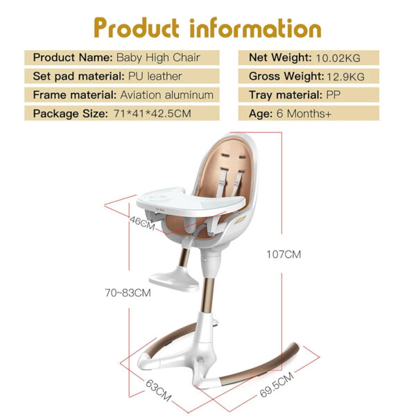 Hot Mom Baby High Chair Adjustable Seat Angle Lift Height Double Tray Luxury Baby Eating Chair,Lifetime Availability,White Gold