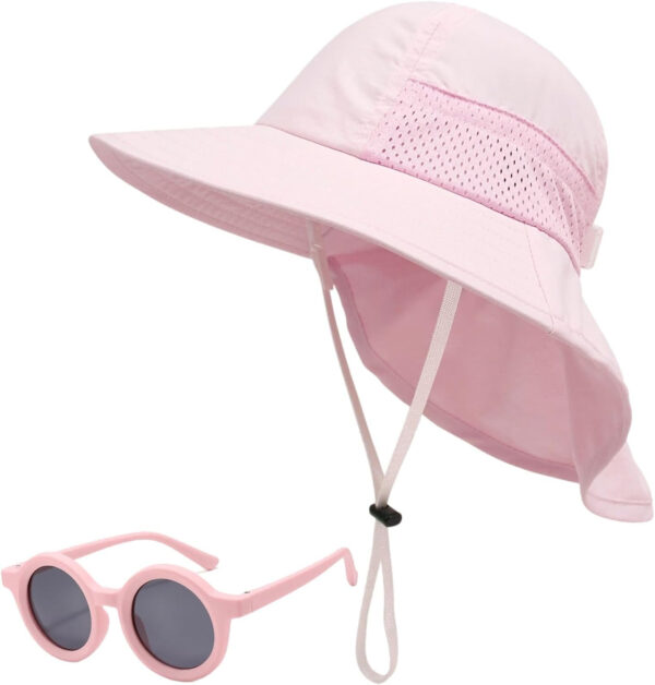 688c39bf9e3d422b1b3445f0c4344ba8dc3e3acc77a6c48d2acca.jpg Baby Sun Hat Toddler Kids Boys Girls Wide Brim Beach Hats with Sunglasses UPF 50+ Plain Caps with Neck Flap