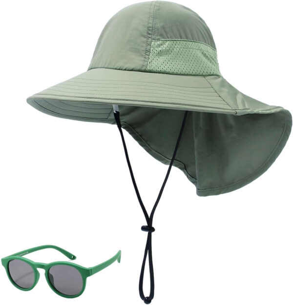 688c39da20114612d915600d2b7c903431e839a863772487933a6.jpg Baby Sun Hat Toddler Kids Boys Girls Wide Brim Beach Hats with Sunglasses UPF 50+ Plain Caps with Neck Flap