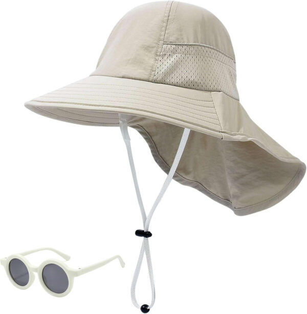 688c39ff2e4edeb7a854eeab212f71aa81a48dd0b2307e8091d6d.jpg Baby Sun Hat Toddler Kids Boys Girls Wide Brim Beach Hats with Sunglasses UPF 50+ Plain Caps with Neck Flap