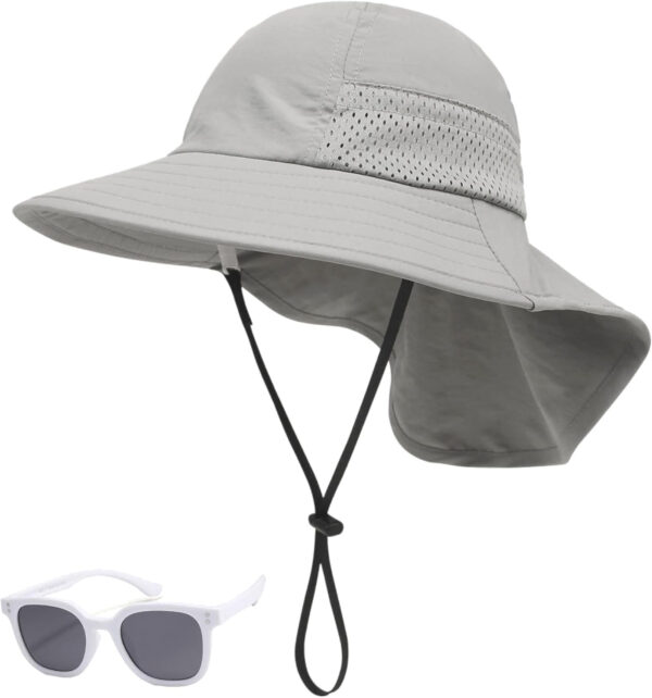 688c3a3225d8f52ac2e9e0a79e87b4502778c24c150f408e4dc7f.jpg Baby Sun Hat Toddler Kids Boys Girls Wide Brim Beach Hats with Sunglasses UPF 50+ Plain Caps with Neck Flap