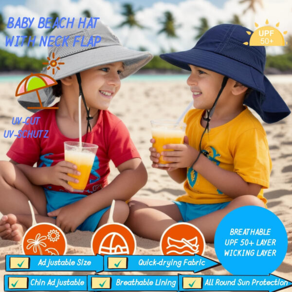 688c3a3647b9a8cf5ef5a8763cd176741f6a4b524526240051339.jpg Baby Sun Hat Toddler Kids Boys Girls Wide Brim Beach Hats with Sunglasses UPF 50+ Plain Caps with Neck Flap