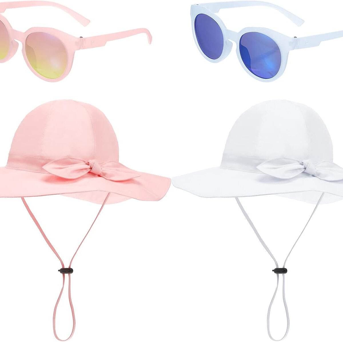 4 Pcs Baby Girl Sun Hat and Polarized Protected Sunglasses Outdoor Adjustable Beach Hat with Wide Brim for Girls Toddler Boys (Pink, White)