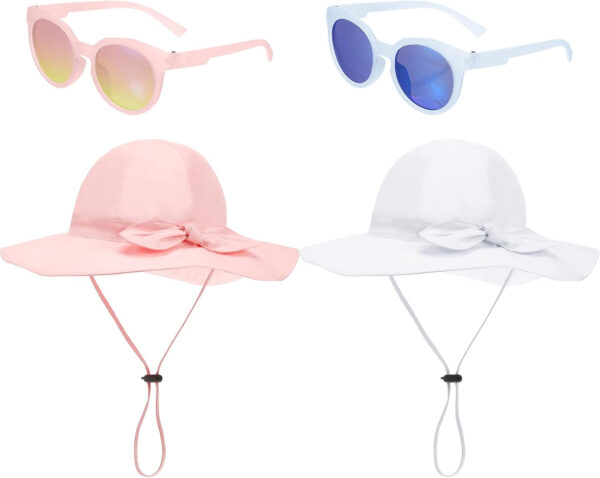 688c3af29a0d7c9d215a07d655d003901f5f22579fe542051e5e5.jpg 4 Pcs Baby Girl Sun Hat and Polarized Protected Sunglasses Outdoor Adjustable Beach Hat with Wide Brim for Girls Toddler Boys (Pink, White)