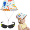 Baby Sun Hat UPF 50+ Sun Protective Toddler Bucket Hat, Wide Brim Beach Bucket Cap with Dinosaur Sport Sunglasses