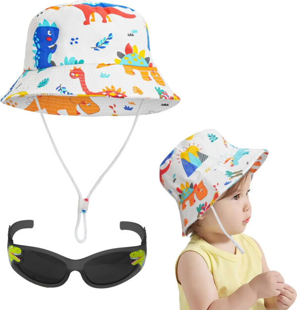 Baby Sun Hat UPF 50+ Sun Protective Toddler Bucket Hat, Wide Brim Beach Bucket Cap with Dinosaur Sport Sunglasses