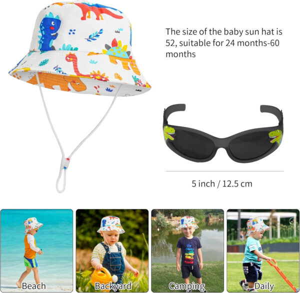 Baby Sun Hat UPF 50+ Sun Protective Toddler Bucket Hat, Wide Brim Beach Bucket Cap with Dinosaur Sport Sunglasses