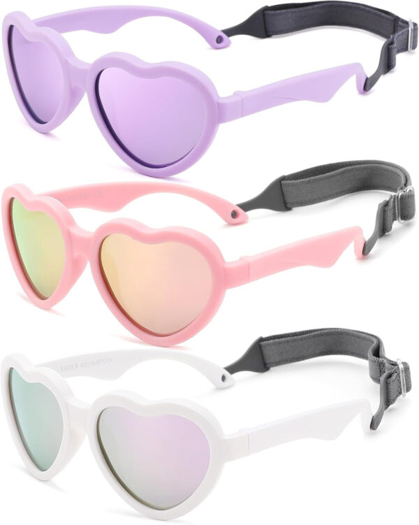 COASION Baby's First Sunglasses with Strap, 3 Pack Unbreakable Polarized Newborn Infant Heart Sunglasses for Ages 0-24 Months