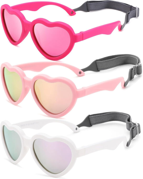 COASION Baby's First Sunglasses with Strap, 3 Pack Unbreakable Polarized Newborn Infant Heart Sunglasses for Ages 0-24 Months