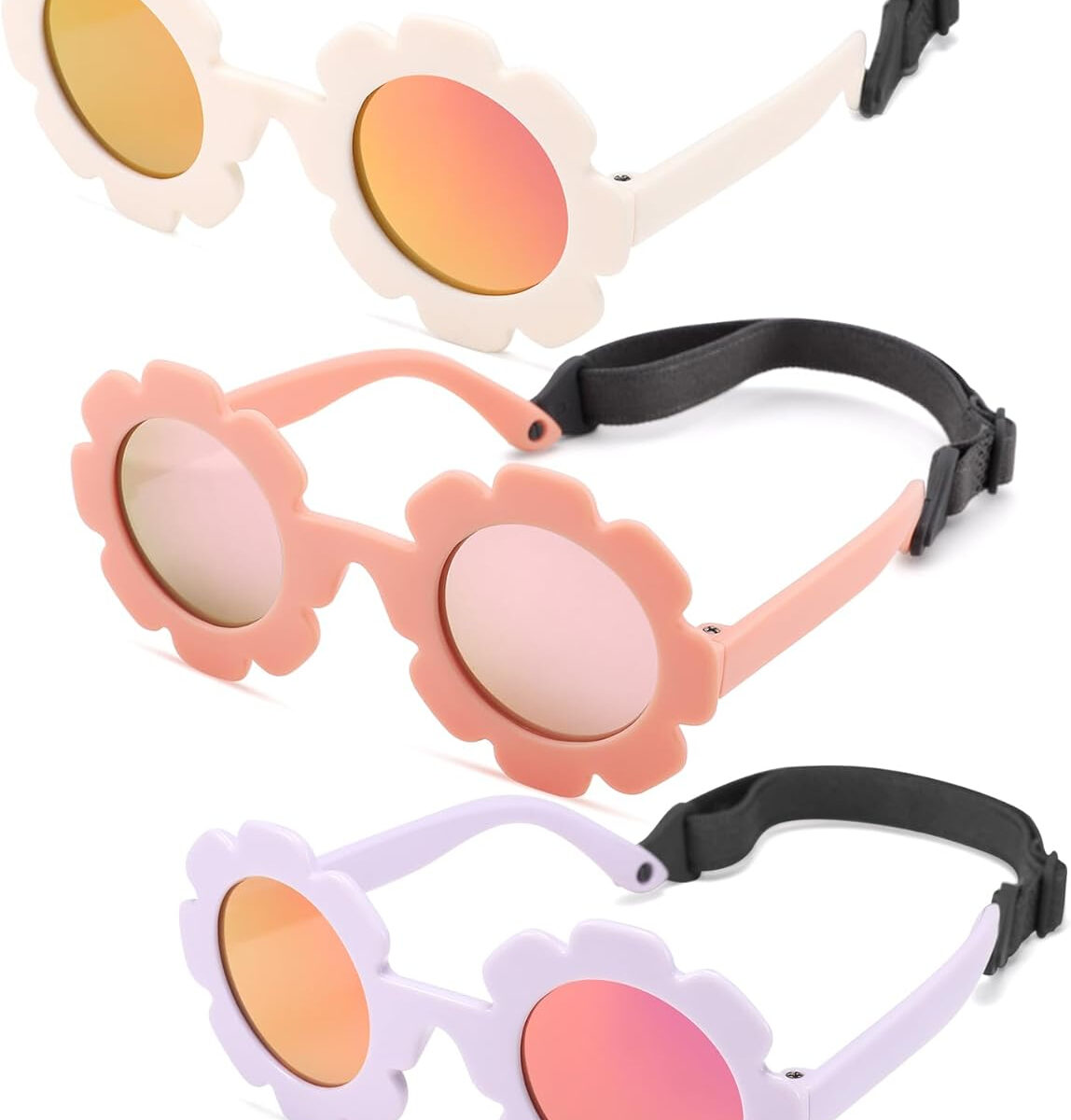 COASION 3 Pack Bendable Polarized Sunglasses with Strap for Newborn Baby Girls Boys 0-12 Months, Flower Design