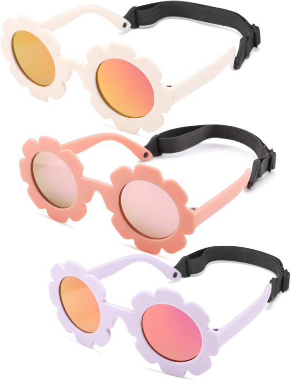 COASION 3 Pack Bendable Polarized Sunglasses with Strap for Newborn Baby Girls Boys 0-12 Months, Flower Design