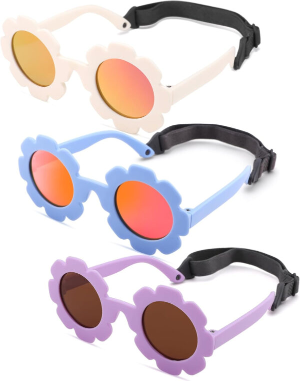 COASION 3 Pack Bendable Polarized Sunglasses with Strap for Newborn Baby Girls Boys 0-12 Months, Flower Design