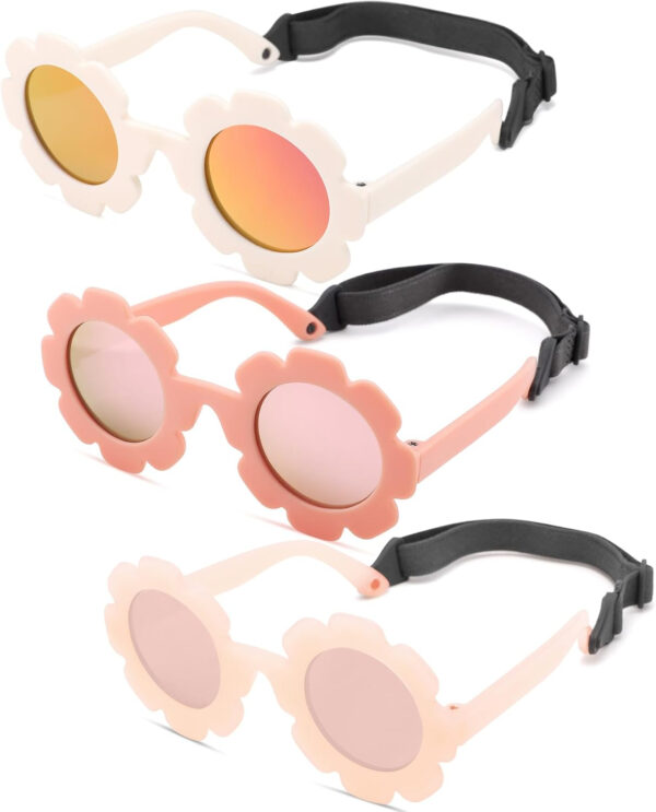 COASION 3 Pack Bendable Polarized Sunglasses with Strap for Newborn Baby Girls Boys 0-12 Months, Flower Design