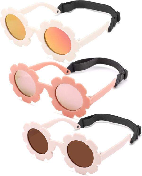 COASION 3 Pack Bendable Polarized Sunglasses with Strap for Newborn Baby Girls Boys 0-12 Months, Flower Design