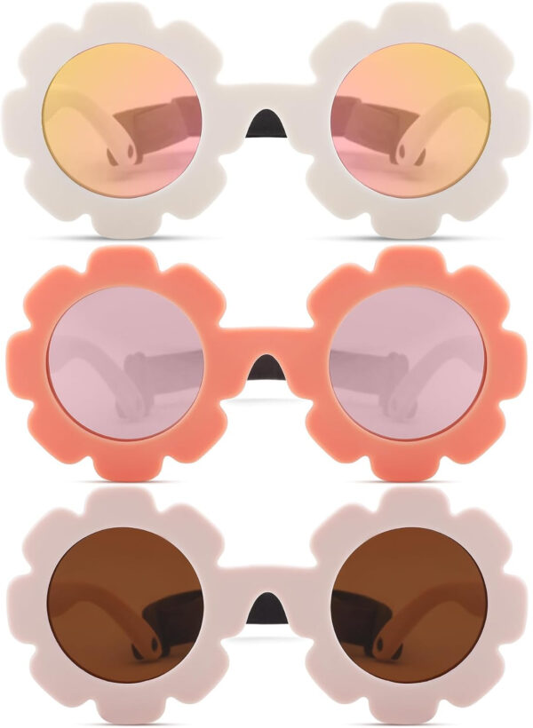 COASION 3 Pack Bendable Polarized Sunglasses with Strap for Newborn Baby Girls Boys 0-12 Months, Flower Design